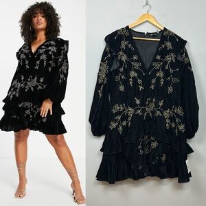 NWT Black Velvet Floral Beaded Ruffle Mini Dress Sz 16